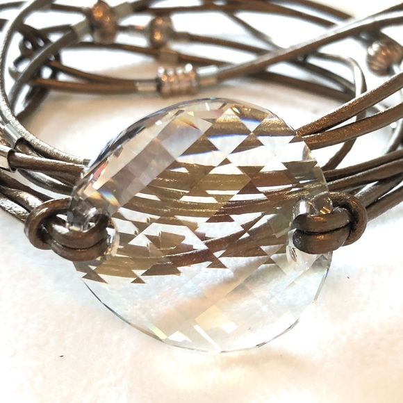 Bronze Leather & Faceted Crystal Wrap Bracelet - Picture 2 of 3